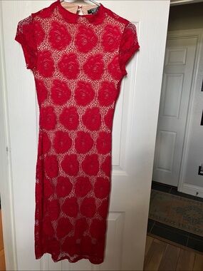 Joe & Elle Red Floral Lace Midi Dress